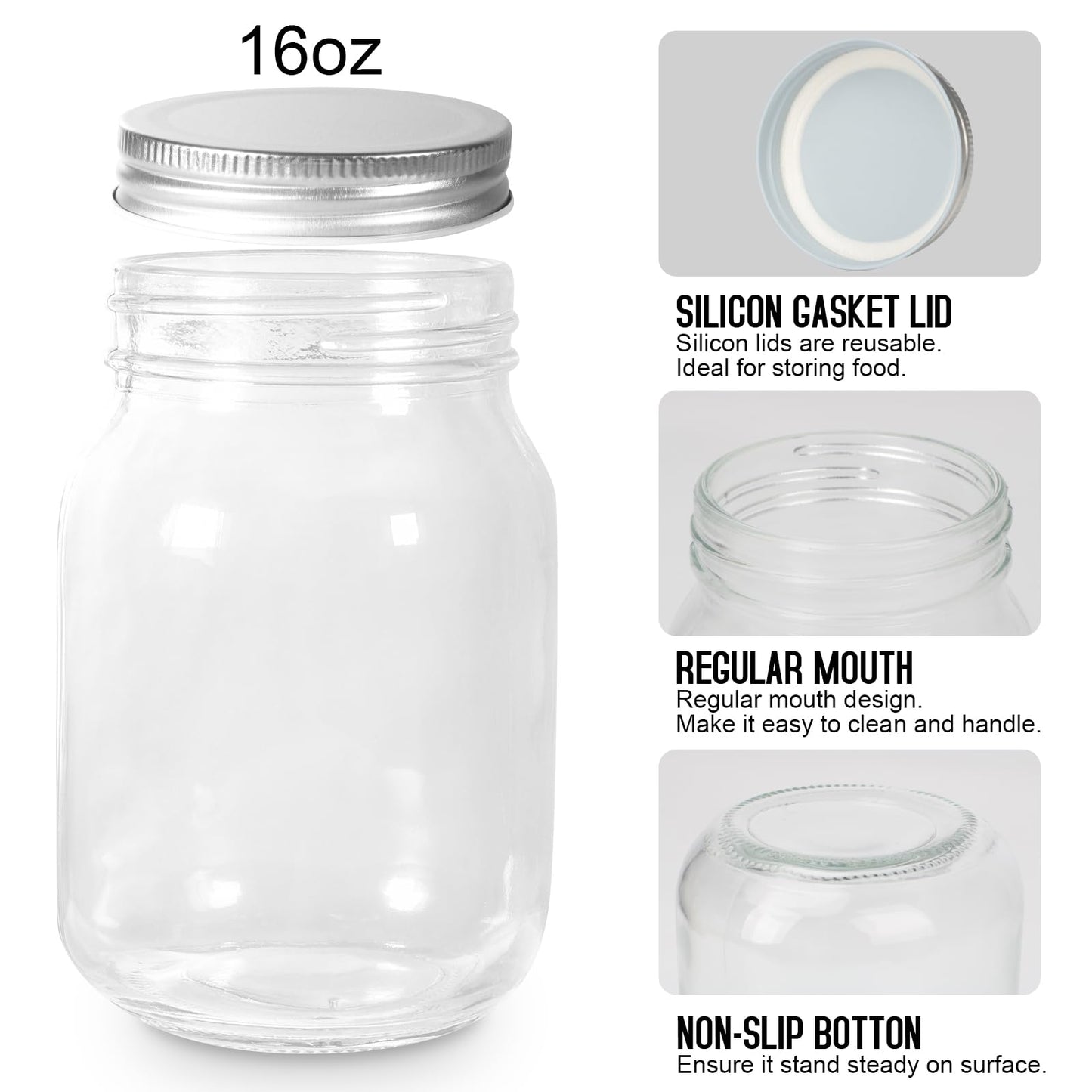 BEWAVE Glass Mason Jars, 16oz Clear Glass Jars with Lids for Sealing, Regular Mouth Canning Jars for Food Storage, Snacks, Candies, DIY Projects, 4 Pack
