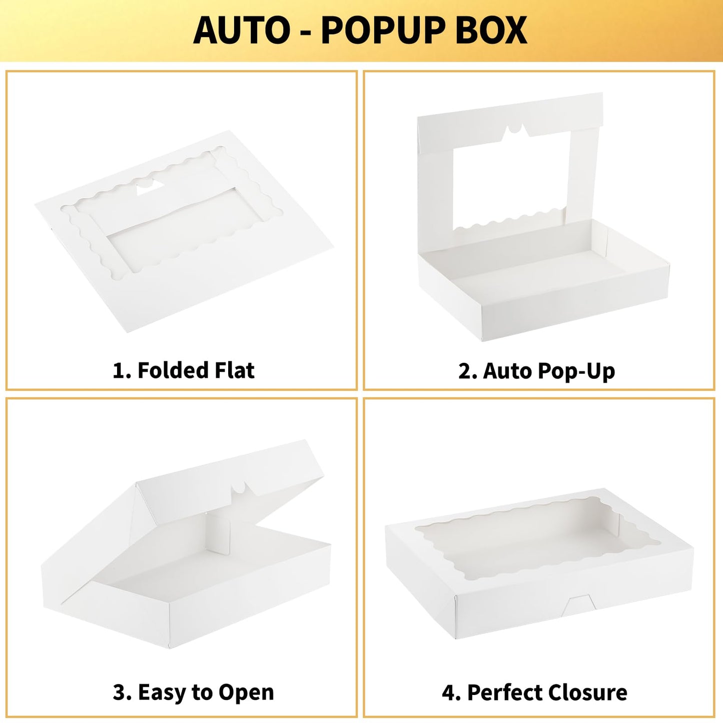 Ocmoiy 20 Pack Cookie Boxes, 14x10x2.5 Inch Large Bakery Boxes with Window, Auto-Popup Treat Box for Chocolate Covered Strawberries, Pies, Donuts, Muffins, Breakable Heart