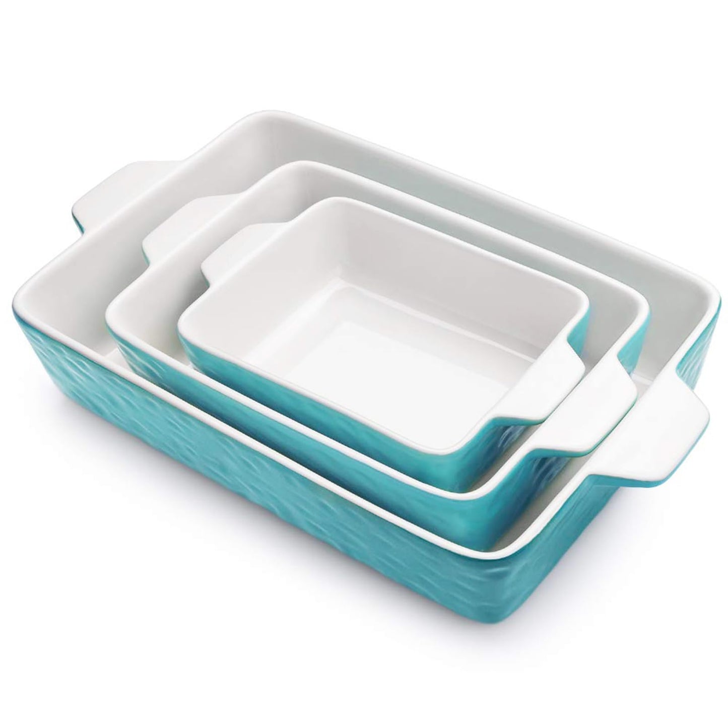 Krokori Casserole Dishes for Oven, Ceramic Baking Dishes, Lasagna Pan with Handles, Porcelain Baking Pan Deep, Bakeware for Baking, Cooking, Wedding Gift, Set of 3 (11.6" x 7.8", Aquamarine)