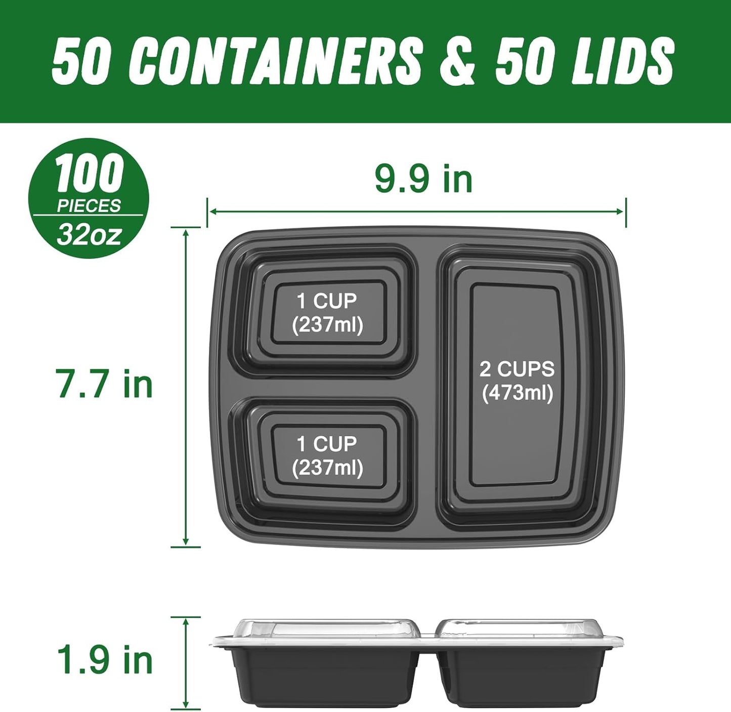 Skiennix 32 oz Meal Prep Containers - 50 Pack Reusable 3-Compartment Leakproof | Microwave & Dishwasher Safe, Black