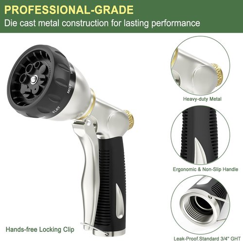 FANHAO Heavy Duty Metal Garden Hose Nozzle - 8 Adjustable Spray Patterns for High Pressure Watering | Silver
