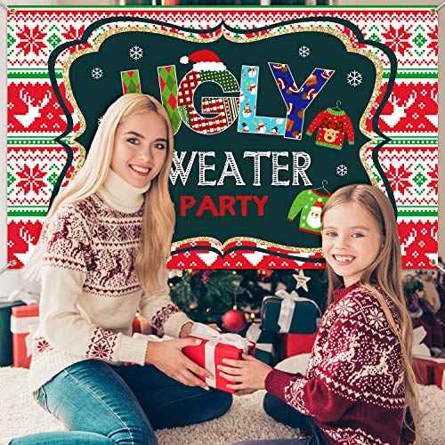 Blulu Ugly Sweater Party Supplies Large Fabric Red and Green Ugly Xmas Sweater Party Backdrop for Christmas Decoration Winter Elfed Photo Booth Background Banner