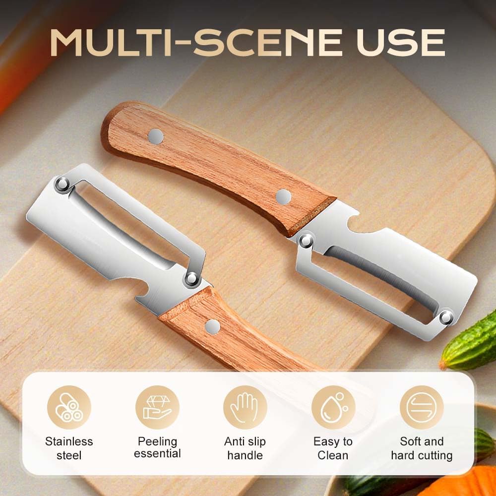 Skiennix Multi-Functional Vegetable Peeler - Stainless Steel With Wooden Handle & Bottle Opener | Ideal Kitchen Tool for Fruits & Vegetables