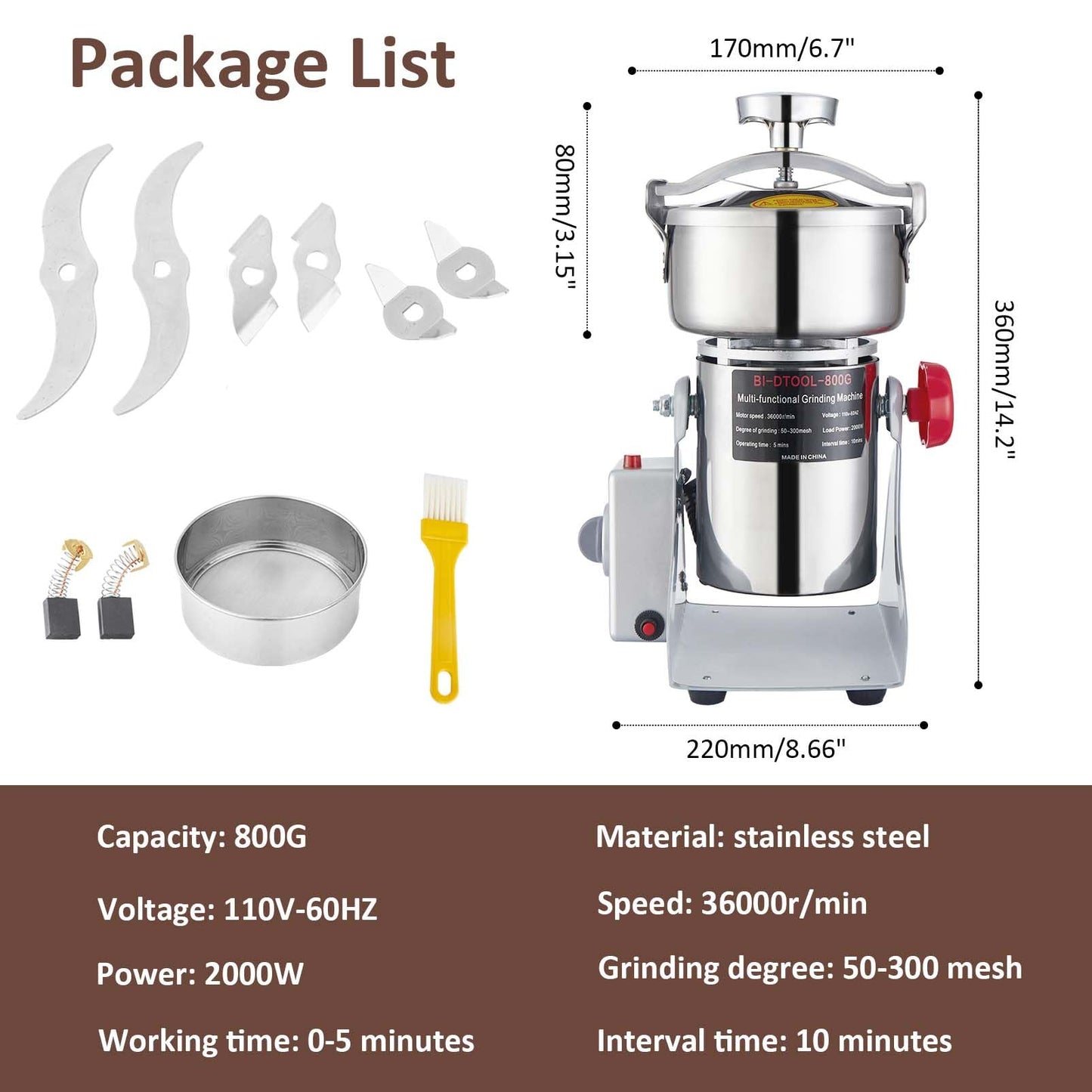 BI-DTOOL Electric Grain Mill Grinder 2000W Dry Material Grinding Machine 800g Stainless Steel Pulverizer 36000r/min High-speed Grain Mill 270° swingable Superfine powder for Home and Commercial 800g