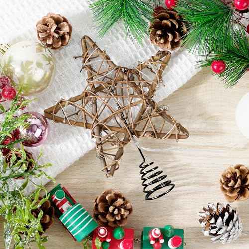 Christmas Tree Topper Rustic Christmas Tree Topper Star 6 Inch, Battery Operated Lighted Rattan Star Warm White Light Christmas Tree Decoration for Small Tabletop Christmas Trees