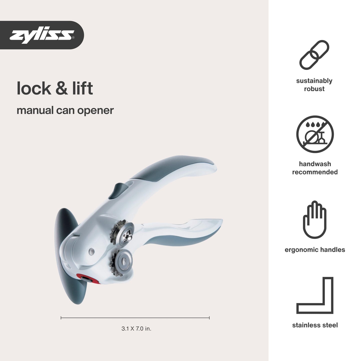 Zyliss Lock N' Lift Can Opener with Lid Lifter Magnet - Manual Opener with Locking Mechanism - Easy-to-Turn - Magnetic Can Opener - White/Gray