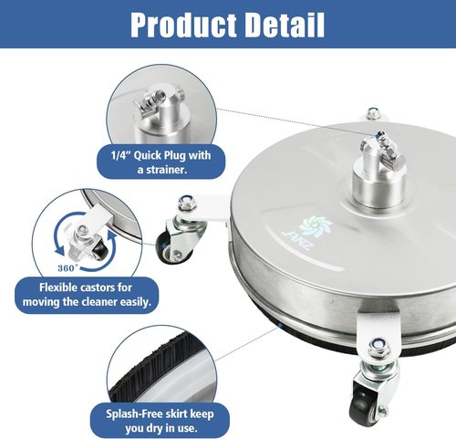 Janz 14" Pressure Washer Surface Cleaner - Stainless Steel Housing, 4 Wheels, 4000 PSI, 2 Extension Wands & Nozzles