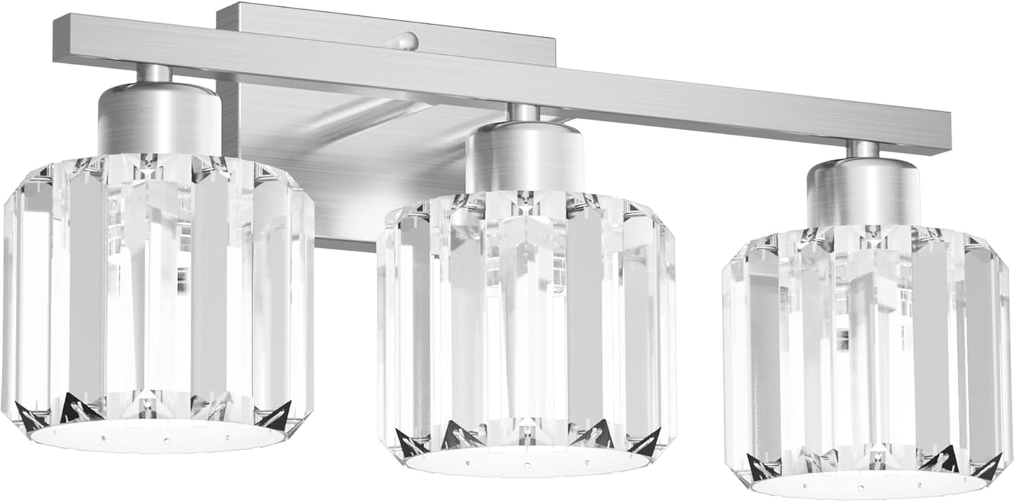 comzler 3-Light Bathroom Light Fixtures Over Mirror, Brushed Nickel Crystal Wall Sconce with E26 Base for Mirror Kitchen Living Room Bathroom, Round Crystal Shades (Bulbs Excluded)