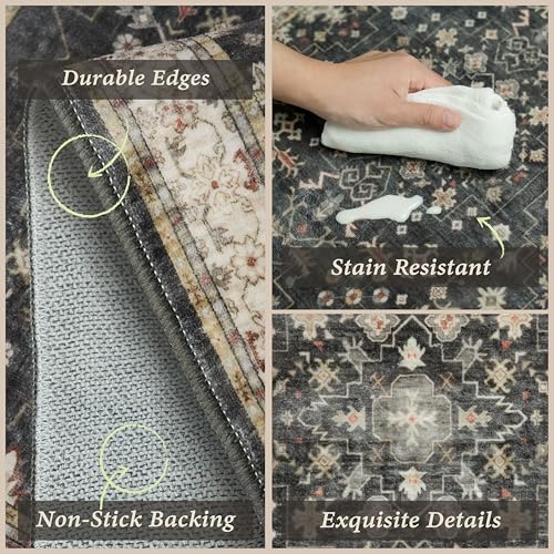 JTJ Set of 3 Black Boho Vintage Washable Non-Slip Kitchen Rugs 20x32 + 20x48 + 20x59 inches