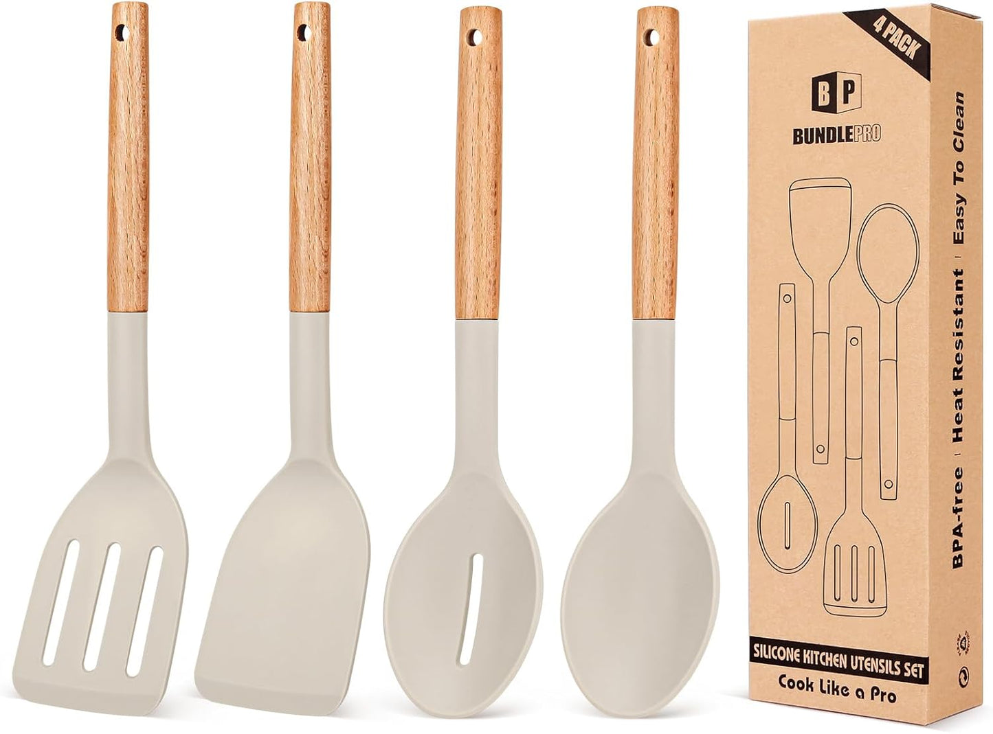 Skiennix Silicone Cooking Utensils Set - Non-Stick Spatulas & Heat-Resistant Spoons | 4-Piece Khaki Set
