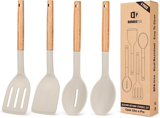 Skiennix Silicone Cooking Utensils Set - Non-Stick Spatulas & Heat-Resistant Spoons | 4-Piece Khaki Set