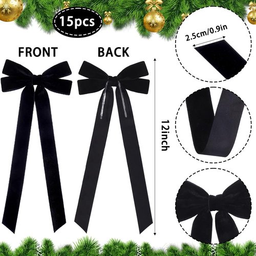 JOICEE Black Velvet Bows - 15 Pcs 5in x 12in Rustic Christmas Tree & Wreath Decor