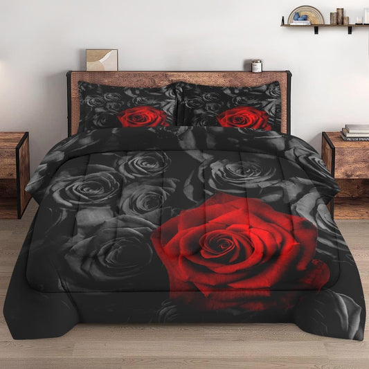 Comforter Set Queen Size with 2 Pillowcases, Red Rose Flower 3 Pcs Bedding for Kids and Adults, Summer Vintage Floral Soft Comforter Set for Bedroom Bed Decor