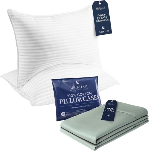 Beckham Hotel Collection Queen Pillows - Soft Down Alternative with Cotton Pillowcases, Set of 2 | Aqua Gray