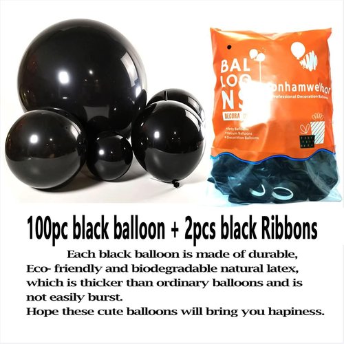Jonhamwelbor Black Balloons - 12 Inch Metallic Chrome Latex - 100 Pack for Birthday & Party Decor
