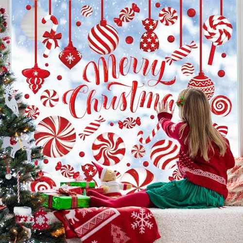 Christmas Window Clings Candy Cane Xmas Ball Window Stickers Red White Reusable PVC Window Decal for Winter Glass Mirror Decor, 8 Sheets