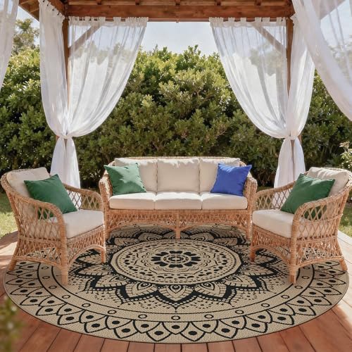 VSIWB Boho Black Round Outdoor Rug 8ft Washable Non-Slip Area Carpet