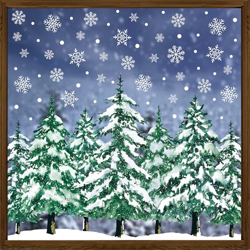 9 Sheets Christmas Window Clings Large Xmas Tree Snowflake Window Decals Snowy Watercolor Pine Tree Windows Sticker Double-Sided Winter Forest Windows Decoration for Christmas Holiday Home Glass Decor