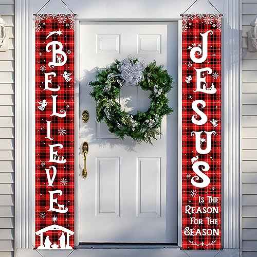 Tiamon Christmas Front Porch Banners Winter Religious Nativity Scene Sign Holiday Hanging Banner Xmas Decoration for Front Door Believe Jesus Is the Reason for the Season 12 x 71 Inch
