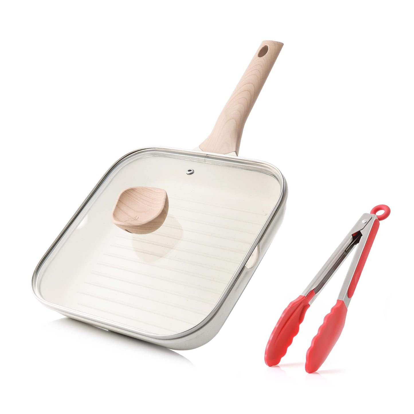 Kordisen Nonstick Grilling Pan with Lid for Stove Tops, 9.5 Inch Square Grill Pan for Indoor Cooking, Healthy Coating Grill Skillet with Pour Spouts, Versatile Griddle, Induction Steak Pan, White