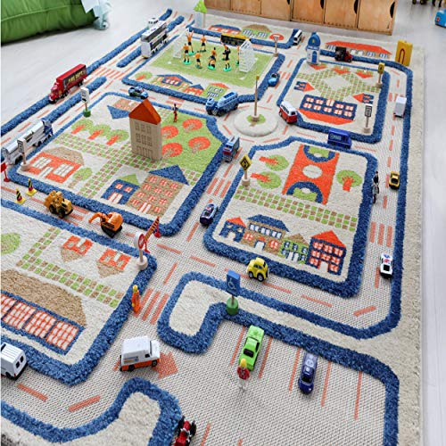 IVI Traffic Blue 3D Play Rug, 39 x 59 inches - Playmat for Toddler Play