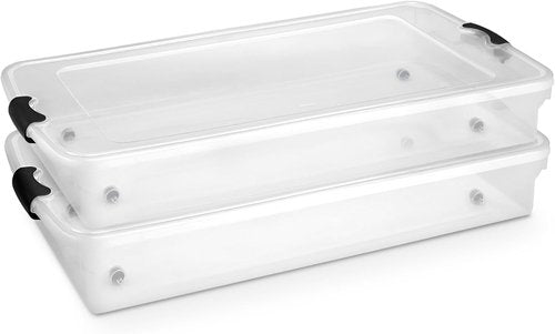 HOMZ Under Bed Storage Bins - 2-Pack Clear Plastic Containers with Lids, 60 Quart, Gray Latch | Stackable Organizer for Shoes, Bags, Clothes, Towels