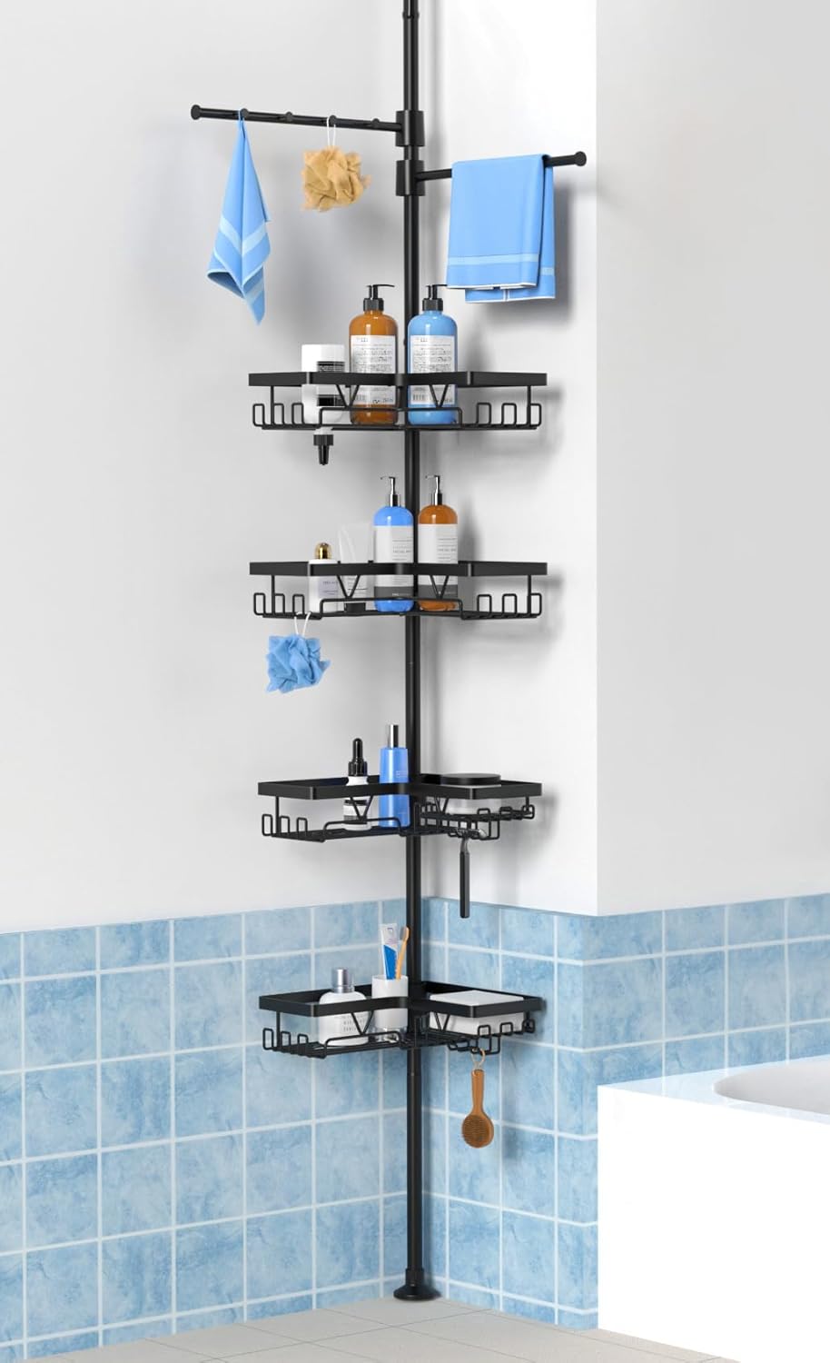 KEGII Adjustable Black Shower Caddy Tension Pole - Rustproof Bathroom Organizer with 2 Towel Bars | 25–114.2 Inch