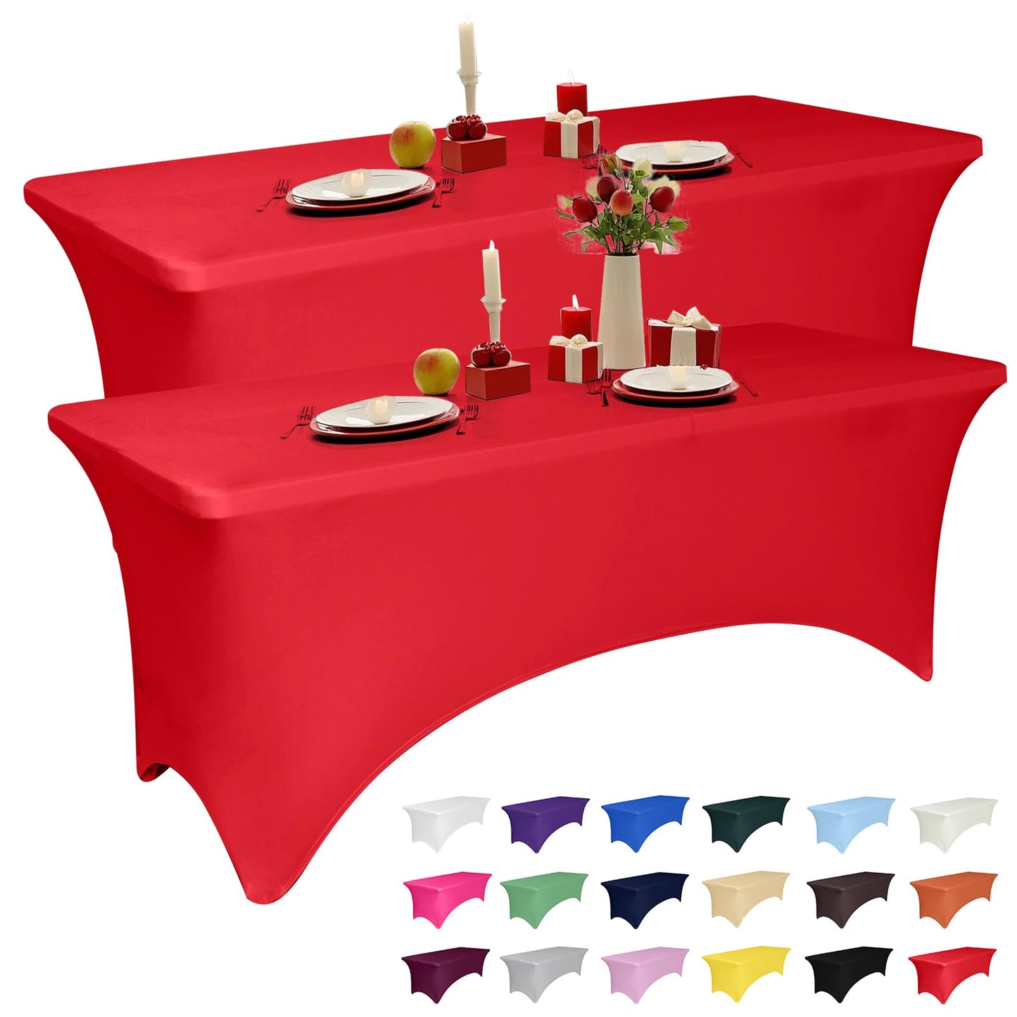 2 Pack 6 Feet Red Spandex Tablecloth for Rectangular Tables, Fitted & Stretch, Washable, Wrinkle Resistant, Perfect for Event, Wedding, Party, Banquet, Cocktail, Festival, and Table Protector