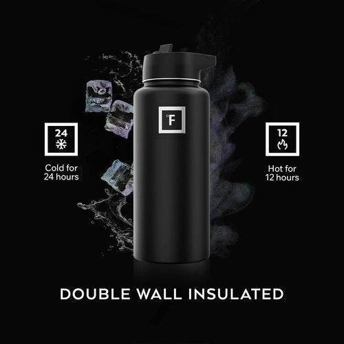 IRON °FLASK Camping & Hiking Hydration Flask with Straw, Wide Mouth Insulated Stainless Steel Sports Water Bottle - 32 oz Midnight Black
