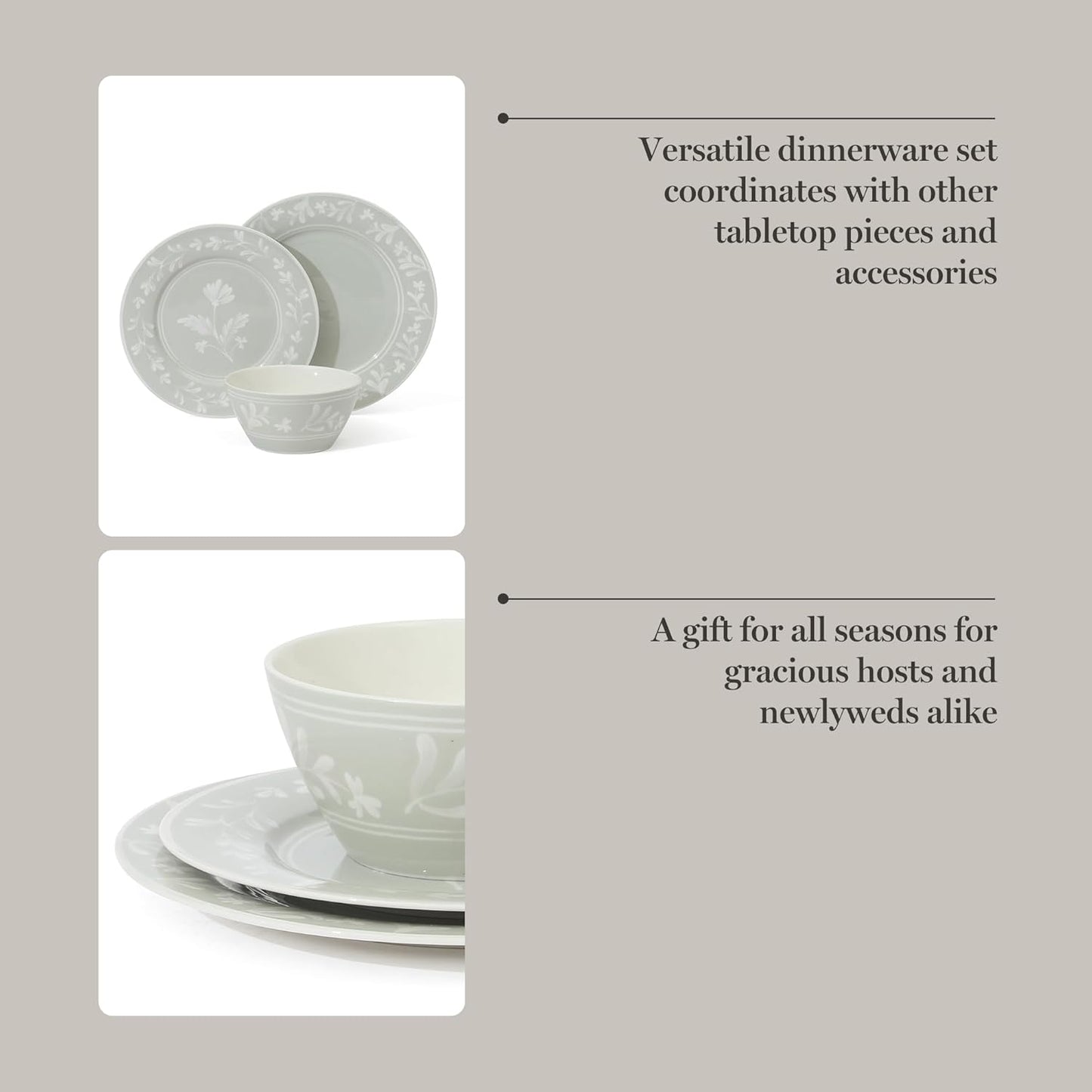 Martha Stewart Dinnerware Set - Maiden Crown 12-Piece Sage Green Dish Set | Floral Design, Microwave & Dishwasher Safe