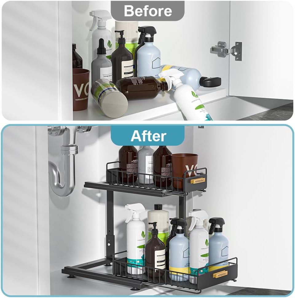 Skiennix Under Sink Organizer - 2 Tier Pull-Out Metal Shelf for Kitchen & Bathroom Storage | Black