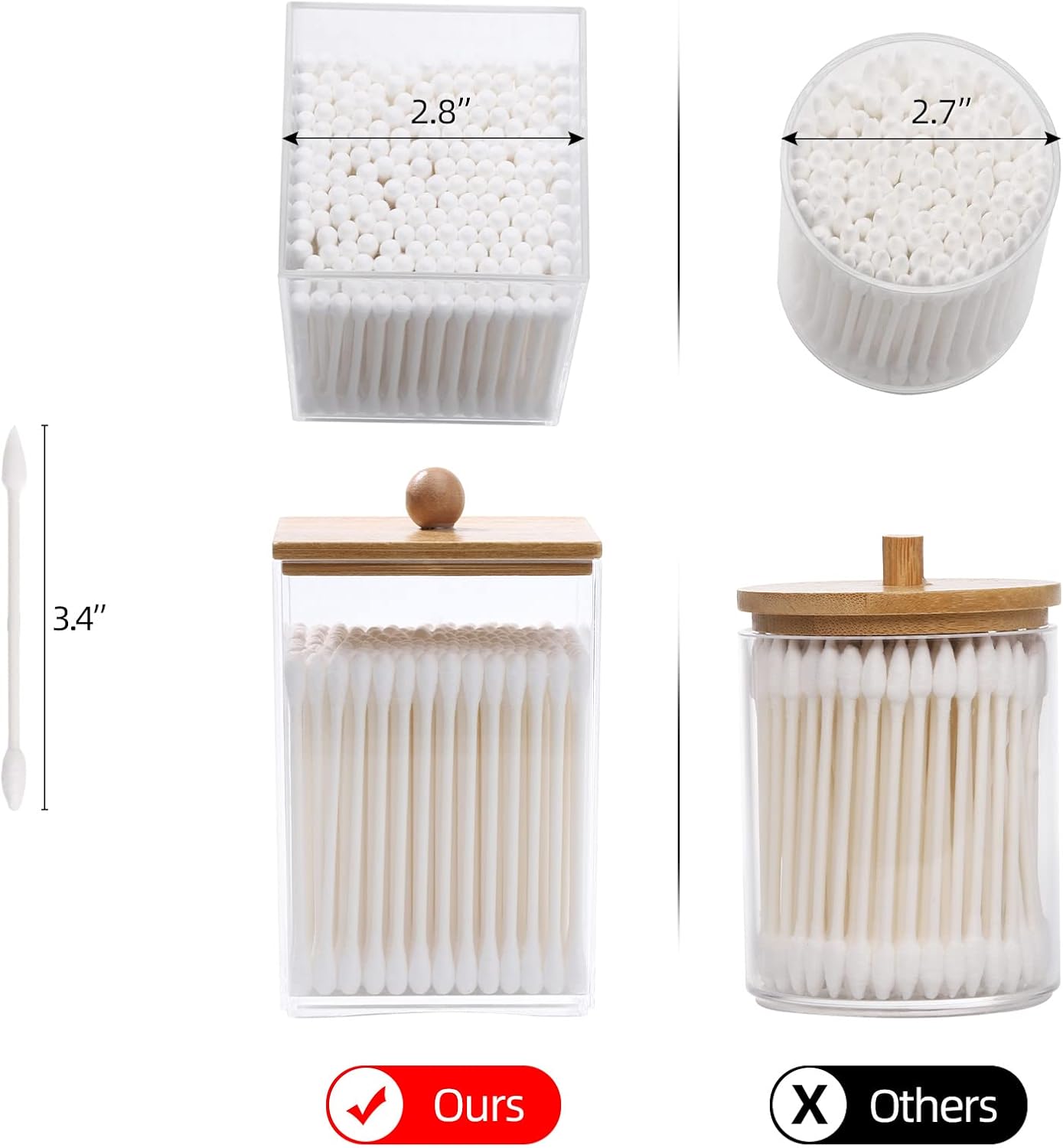 Tbestmax Square Qtip Holder Set - 12 oz Bathroom Organizers with Bamboo Lids for Cotton Swabs & Balls