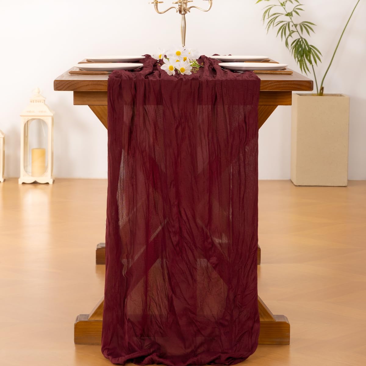 Socomi 10pcs Burgundy Red Summer Cheesecloth Table Runner Boho Rustic Gauze 120 inch 10FT Cheese Cloth Sheer Runner for Wedding Party Baby Shower Birthday Home Decor Holiday Decorations