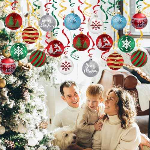 30 Pcs Pre-Strung Christmas Hanging Swirl Decorations, Christmas Ball Hanging Foil Streamer, Christmas Home Party Outdoor Indoor Decor Christmas Tree Snowflake Reindeer Ceiling Party Supplies