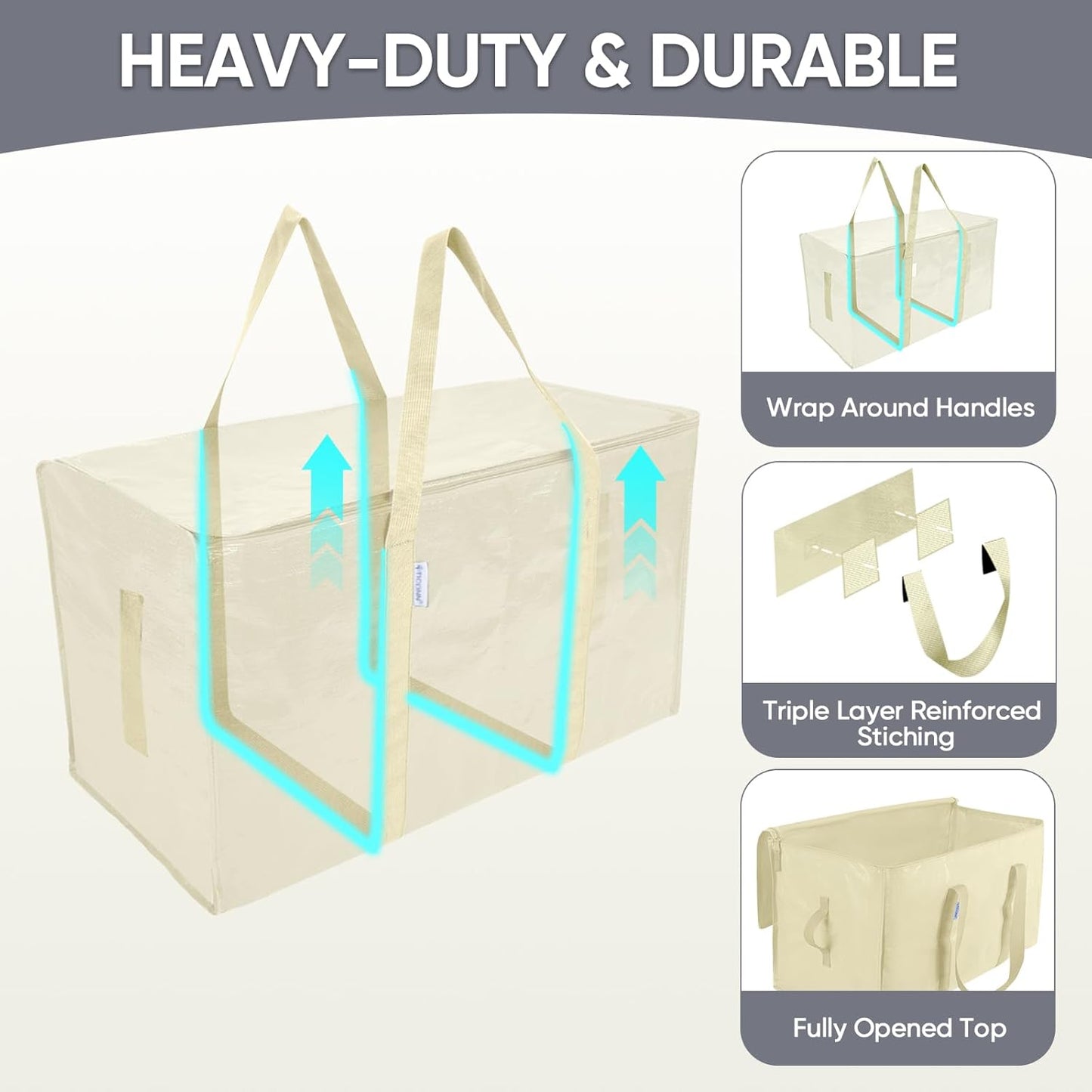 TICONN Extra Large Moving Bags - Heavy Duty Storage with Zippers & Handles | 6 Pack, Cream Color