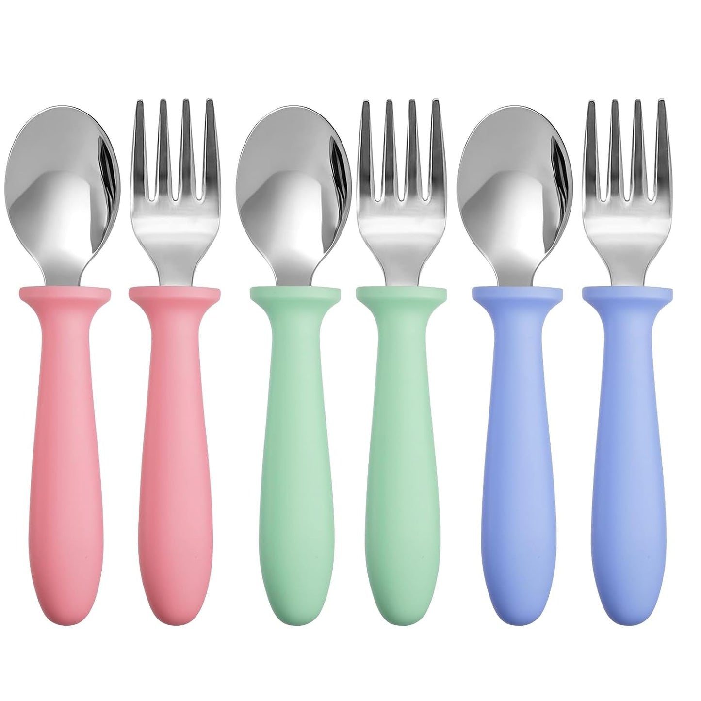 Pimoys Toddler Utensils Set - 6-Piece Forks & Spoons | Dishwasher Safe Stainless Steel with Plastic Handles