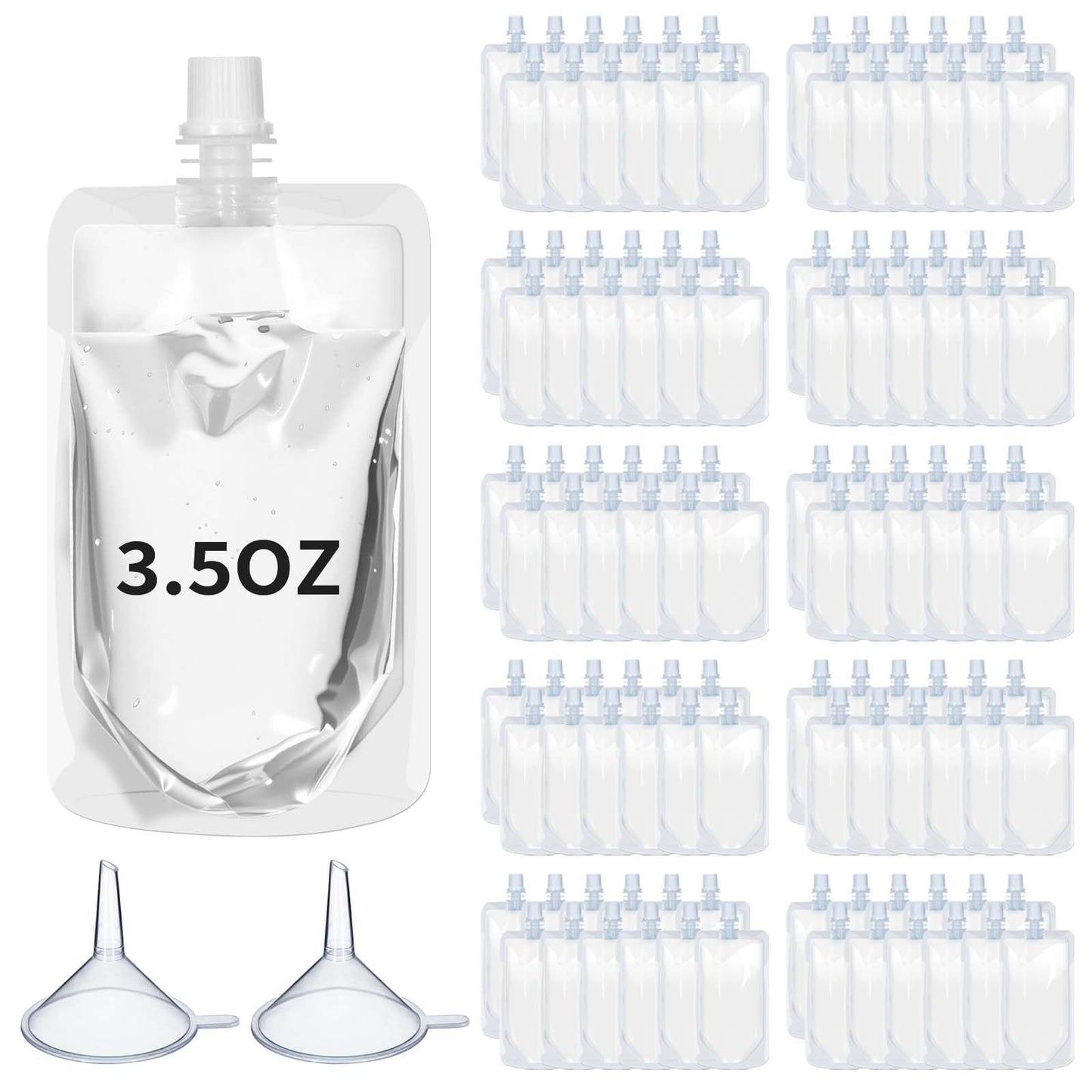 Meanplan 100 Pcs Plastic Pouches Bulk Reusable Squeeze Pouches Clear Plastic Juice Leak Proof Bags with Funnel for Party Favors Supplies(3.5 oz,Straight Mouth)