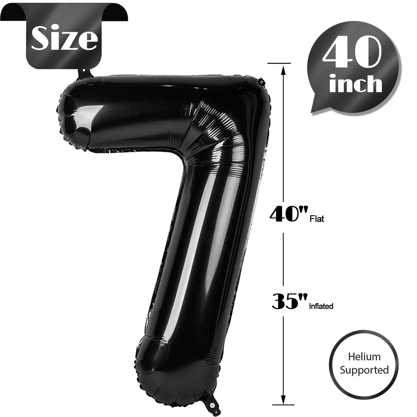 Black Number 7 Balloon 40 Inch, 7th Birthday Party Decorations for Children, Giant 7 Foil Balloon for Party Supplies