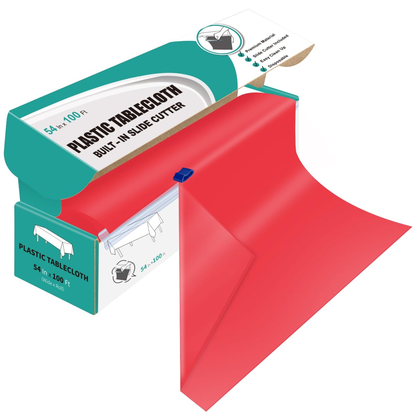 Kongdaoth 54" X 100' Plastic Tablecloth Roll Red Disposable Plastic Table Cover with Cutter Box, Disposable Table Cloth for Parties