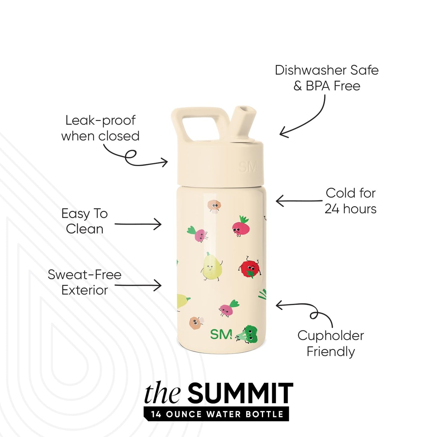 Simple Modern Kids Summit Water Bottle with Straw Lid | 14oz Stainless Steel Cup Insulated Tumbler for Toddlers, Girls, Boys, School | Veggie Garden