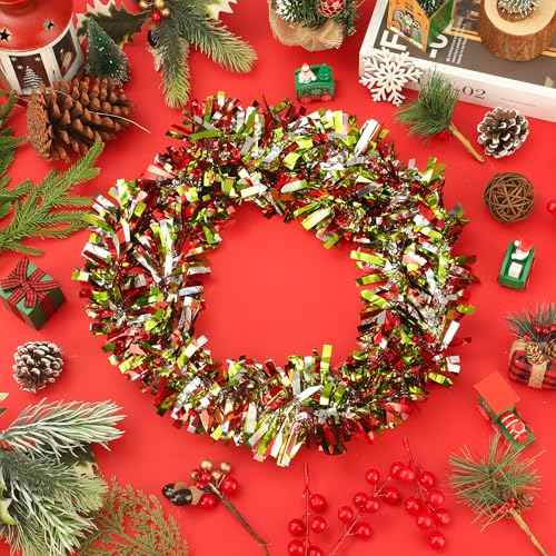 50 Ft Christmas Tinsel Garland Lime Green Red Sliver Metallic Foil Decorations Shiny Metallic Twist Garland Glitter Xmas Tree Hanging Ornament for Christmas Tree Home Stairs Indoor Outdoor Party Decor