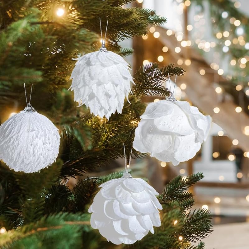 Christmas Tree Ornaments 5-Pack White Glitter Foam Balls for Xmas
