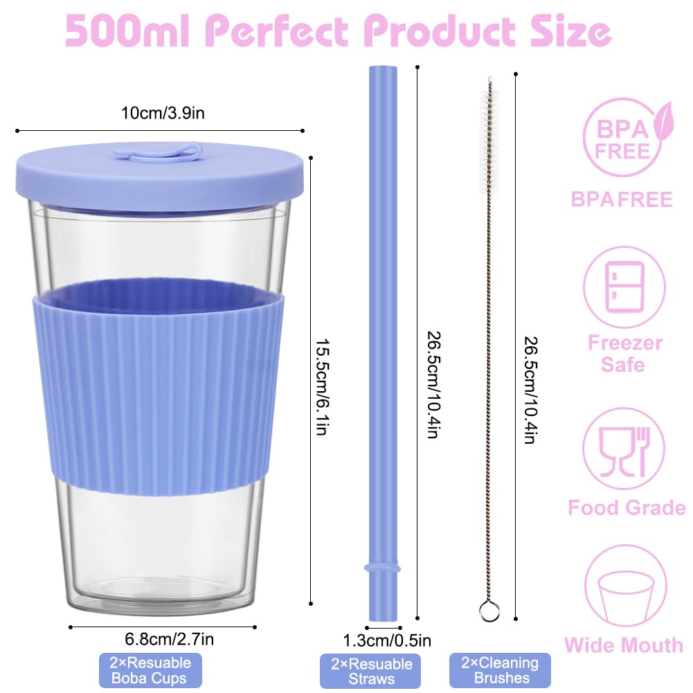 UHAPEER 2 Pack Reusable Boba Cups, 17oz Iced Coffee With Straw and Lid, Leakproof Clear Plastic Tumbler, Double Wall Insulated Smoothie Cup, Pastel Violet and Cornflower Blue