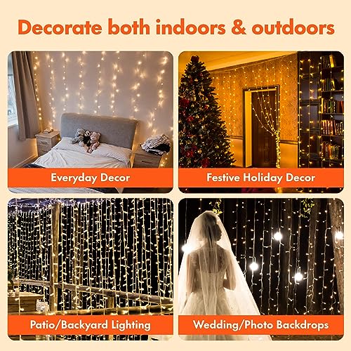 Warm White 300 LED Window Curtain String Lights - 2 Pack, Waterproof Indoor Outdoor Decor