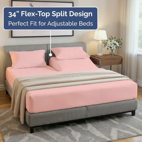 Flex Top Split Head King Sheet Set - Comfy Cooling Bed Sheets for Luxury Sleep - Deep Pockets, Soft Oeko-Tex - Baby Pink
