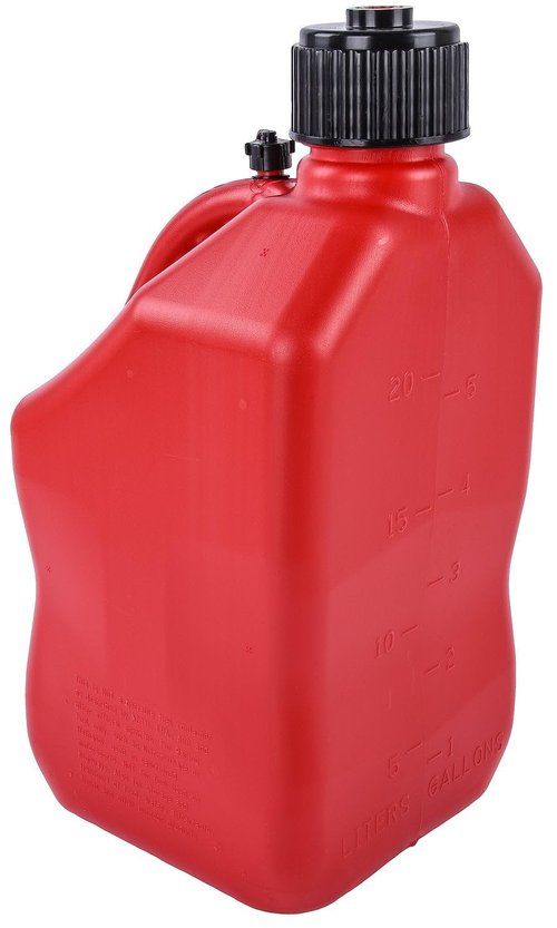 JEGS Square Red Jug | 5-Gallon Capacity | Contoured Handle | Exterior Fluid Level Markings | Leak-Free Seal | Unbreakable Cap | Made In USA