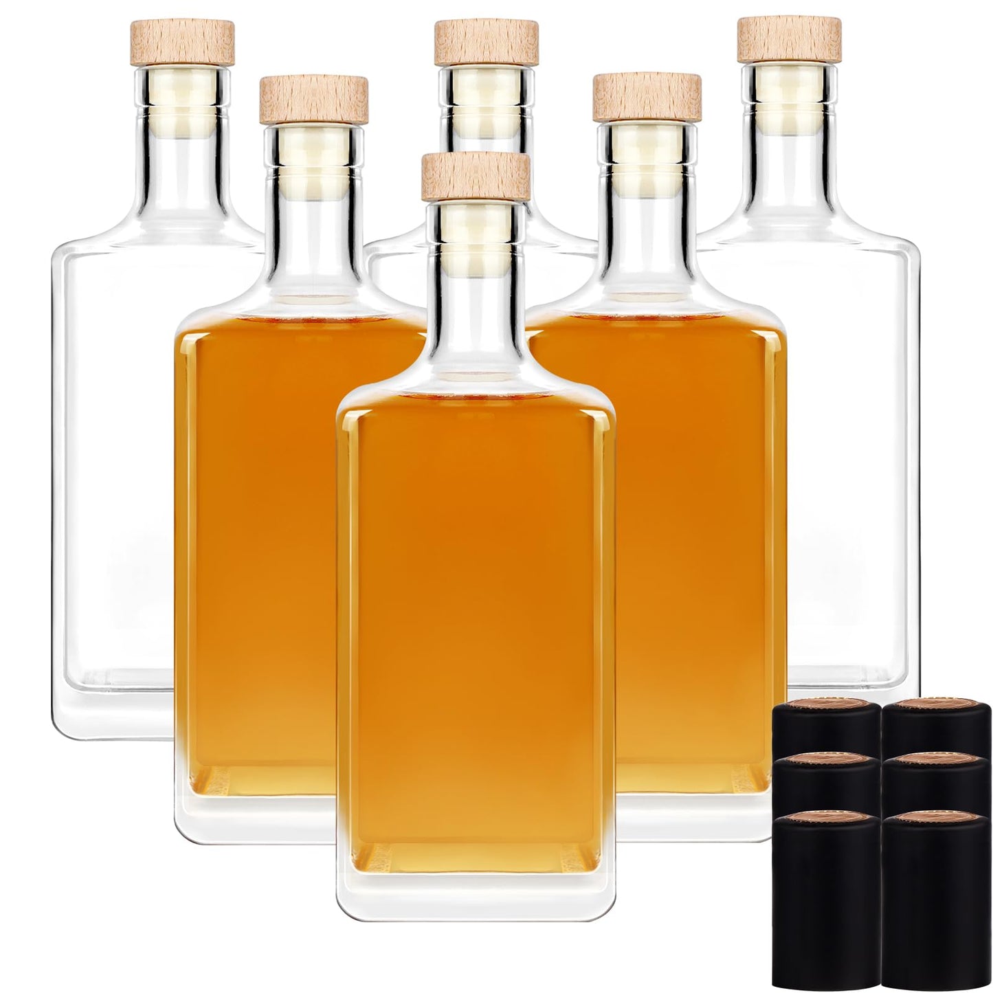 Liengoron 6Pack 8 oz Glass Bottles with Lid 250 ml Clear Empty Bottles with Cork Square Glass Bottle with Cap for Liquor Vodka Brandy Whiskey Beer Water Soda