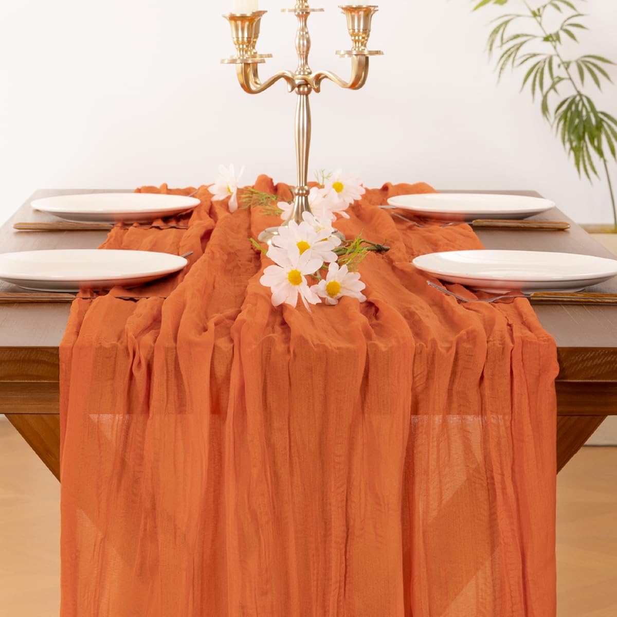 Socomi Orange Summer Cheesecloth Table Runner Boho Rustic Gauze 120 inch 10FT Cheese Cloth Sheer Runner for Wedding Party Baby Shower Birthday Home Decor Holiday Decorations