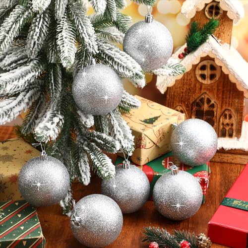 Zubebe 12Pcs Silver Glitter Christmas Ball Ornaments - 3.15in Large Snowball Decor