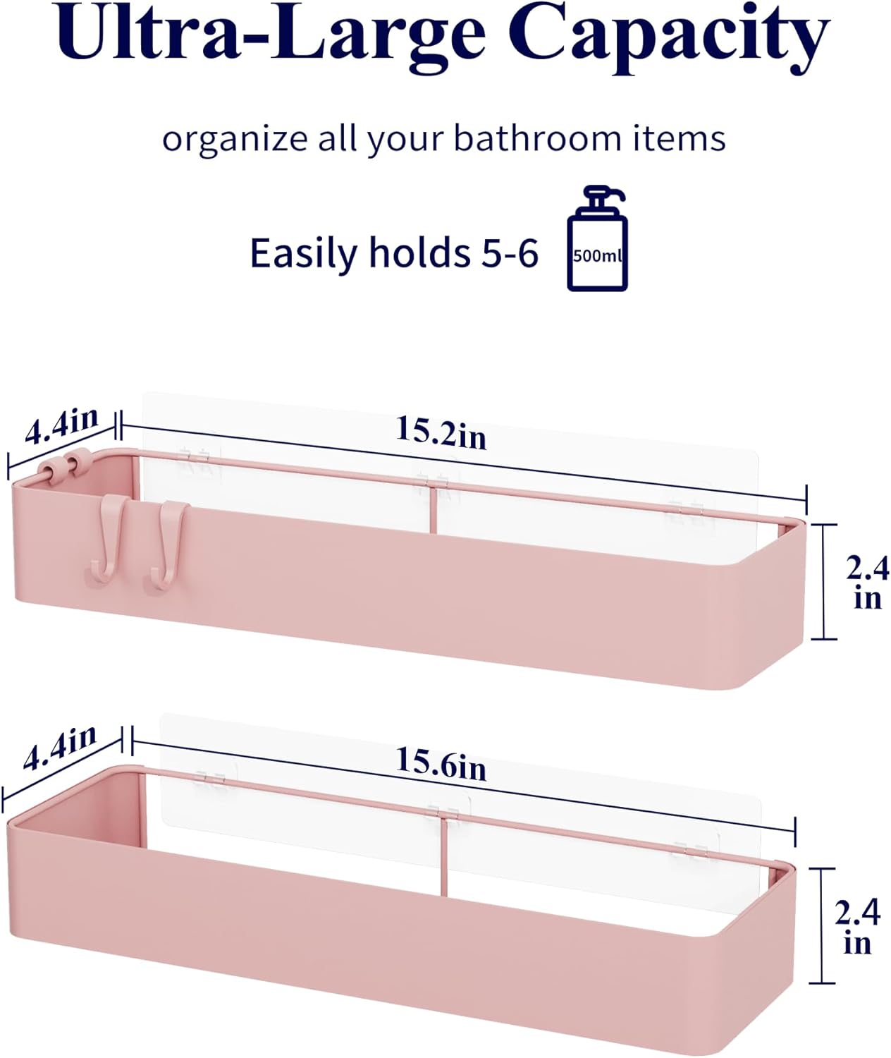 Kitsure Shower Caddy | 2 Pack Adhesive Organizer - Rustproof Metal Shelves, No-Drill, Pink, XX-Large